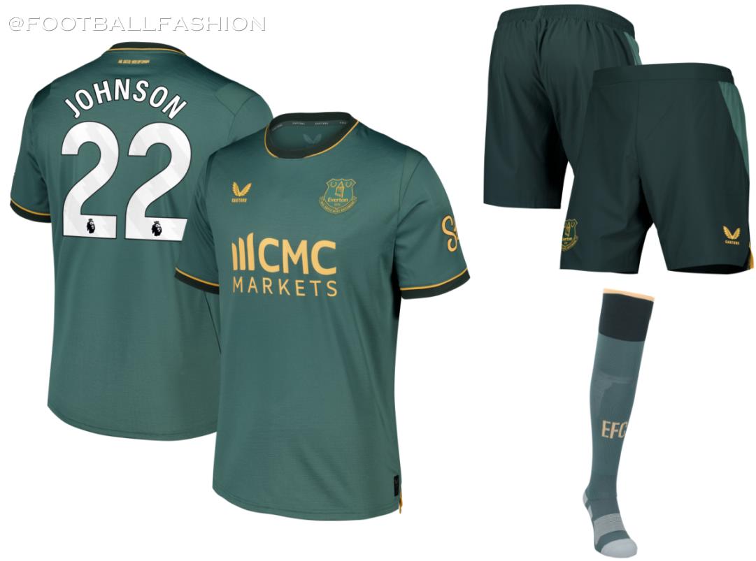 Everton 2026/27 kit green third shirt with dark green collar and orange trim