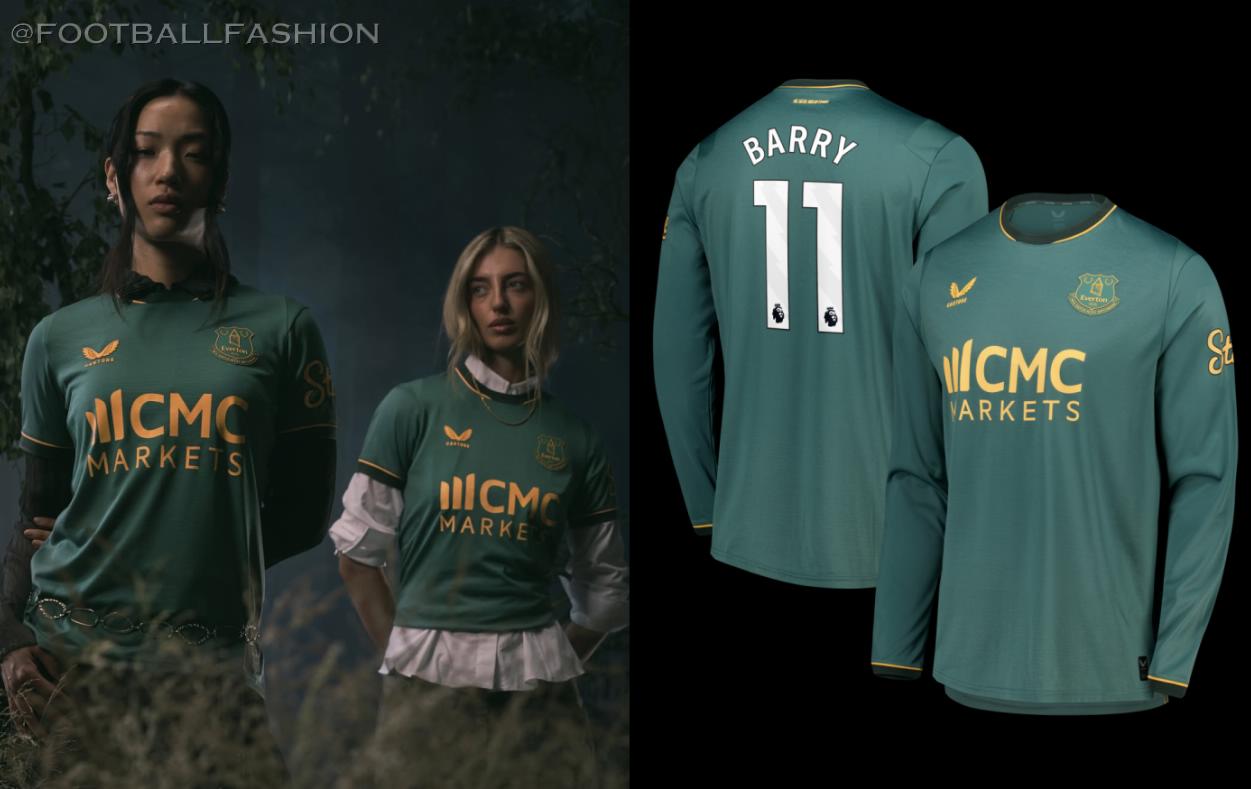 Everton 2026/27 kit green third shirt with dark green collar and orange trim