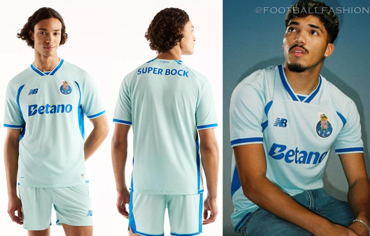 FC Porto 2026/27 home, away, and third jerseys by New Balance, featuring blue-and-white stripes, deep purple, and blue kit designs