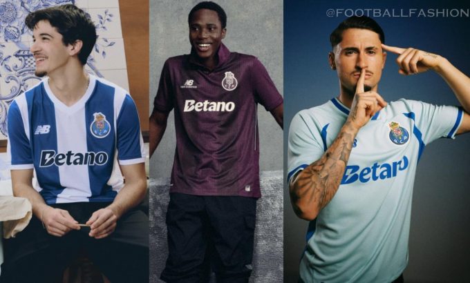 FC Porto 2026/27 home, away, and third jerseys by New Balance, featuring blue-and-white stripes, deep purple, and blue kit designs