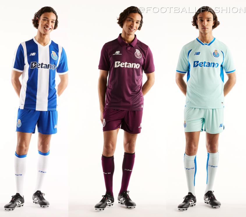 FC Porto 2026/27 home, away, and third jerseys by New Balance, featuring blue-and-white stripes, deep purple, and blue kit designs