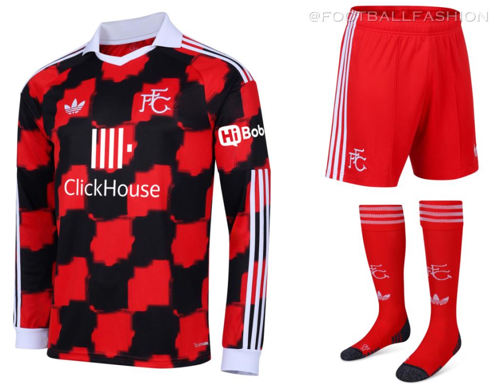 Fulham Football Club 2026/27 jersey adidas away kit with black and red chequerboard design and heritage FFC crest