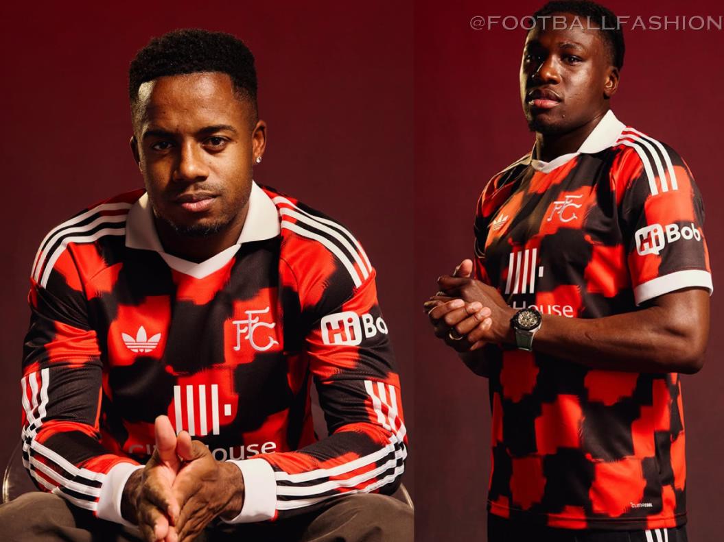 Fulham Football Club 2026/27 jersey adidas away kit with black and red chequerboard design and heritage FFC crest