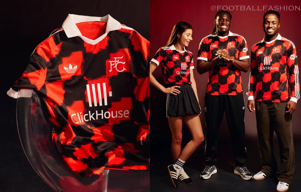 Fulham Football Club 2026/27 jersey adidas away kit with black and red chequerboard design and heritage FFC crest