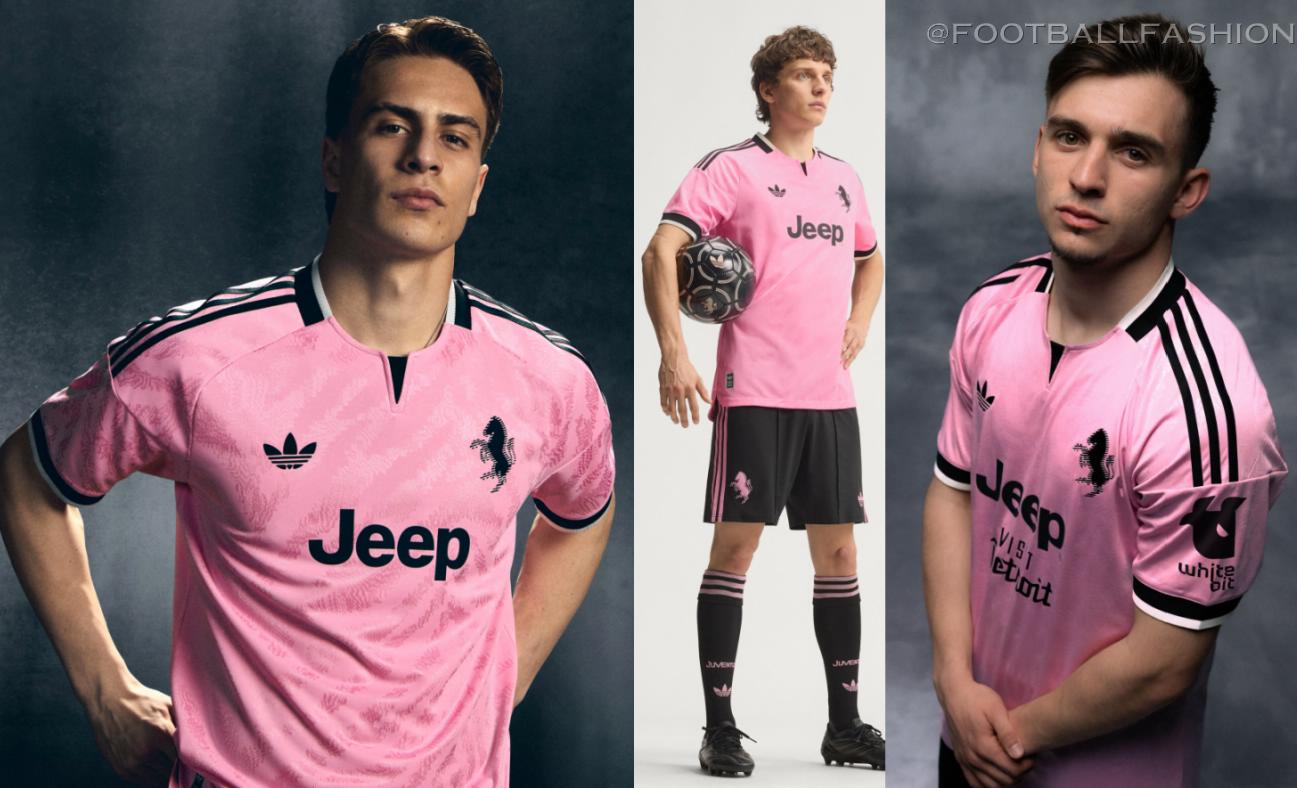 adidas Juventus 2026 kit featuring the pink away jersey and black third shirt