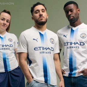 Manchester City 2026/27 kit featuring a central sky blue and navy sash designed by fans using AI.