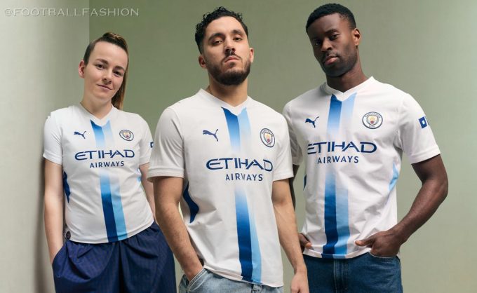 Manchester City 2026/27 kit featuring a central sky blue and navy sash designed by fans using AI.