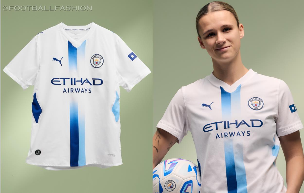 Manchester City 2026/27 kit featuring a central sky blue and navy sash designed by fans using AI.