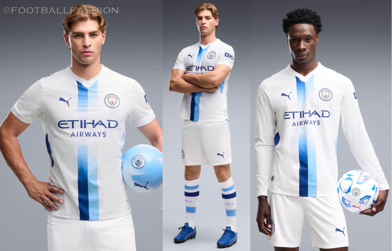 Manchester City 2026/27 kit featuring a central sky blue and navy sash designed by fans using AI.