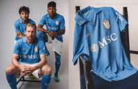 EA7 SSC Napoli 2026 Kit jersey featuring home Centenary Blue fabric and celebratory crest, away white and third red