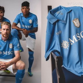 EA7 SSC Napoli 2026 Kit jersey featuring home Centenary Blue fabric and celebratory crest, away white and third red