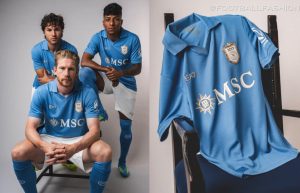EA7 SSC Napoli 2026 Kit jersey featuring home Centenary Blue fabric and celebratory crest, away white and third red