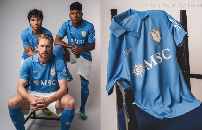 EA7 SSC Napoli 2026 Kit jersey featuring home Centenary Blue fabric and celebratory crest, away white and third red