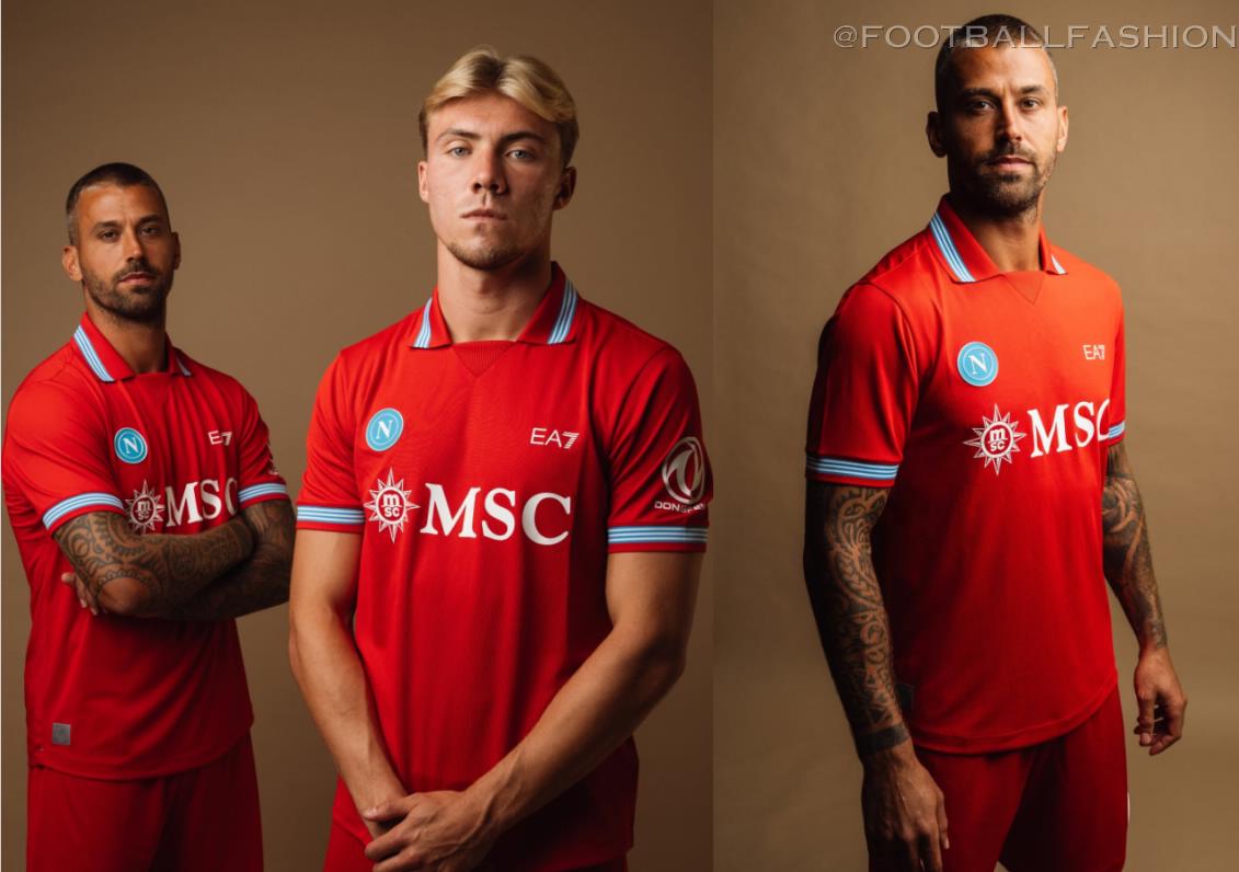 EA7 SSC Napoli 2026 Kit jersey featuring home Centenary Blue fabric and celebratory crest, away white and third red