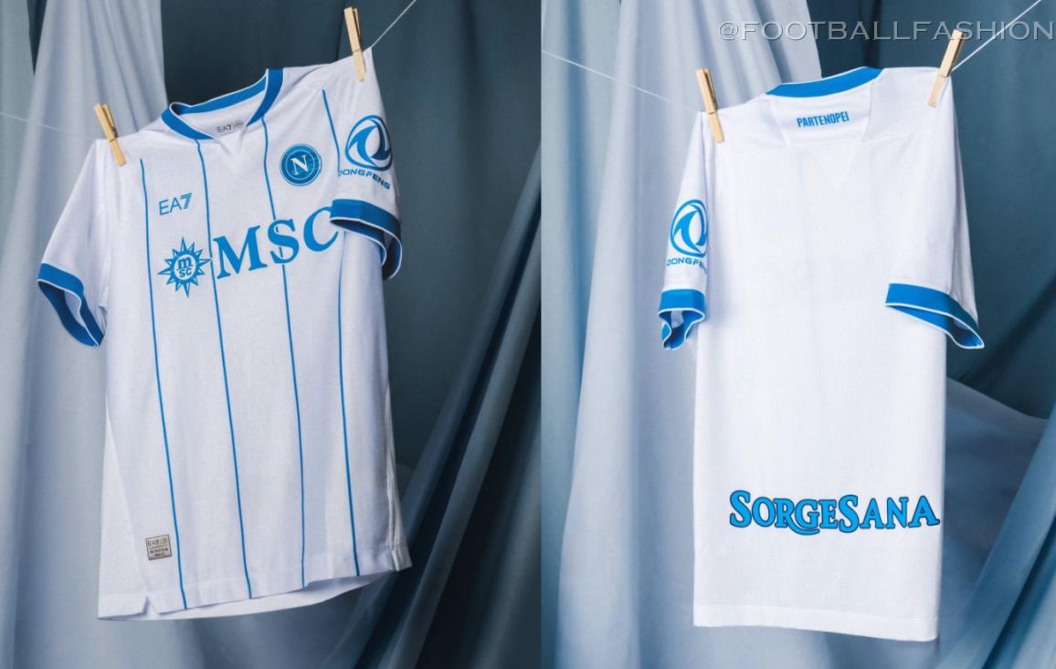 EA7 SSC Napoli 2026 Kit jersey featuring home Centenary Blue fabric and celebratory crest, away white and third red