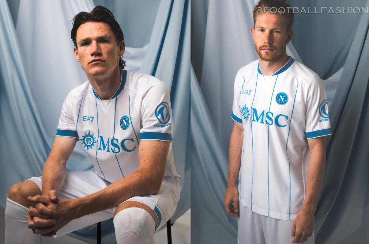 EA7 SSC Napoli 2026 Kit jersey featuring home Centenary Blue fabric and celebratory crest, away white and third red