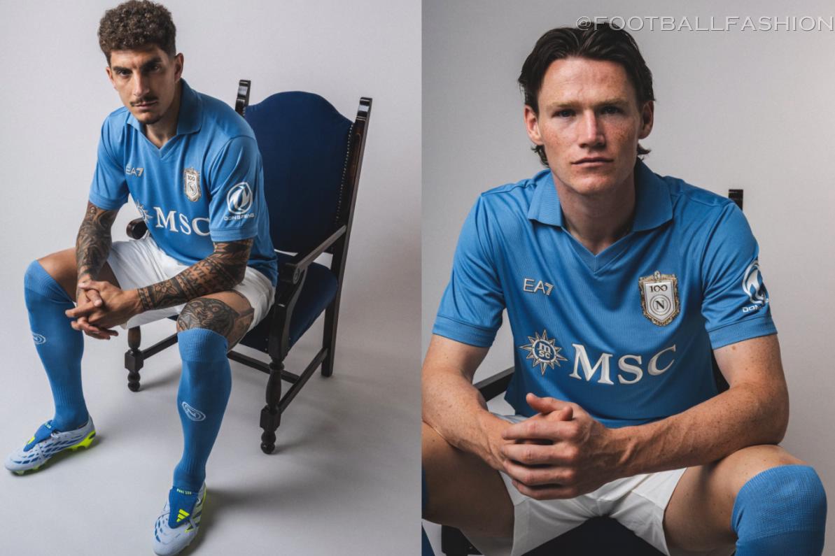 EA7 SSC Napoli 2026 Kit jersey featuring home Centenary Blue fabric and celebratory crest, away white and third red