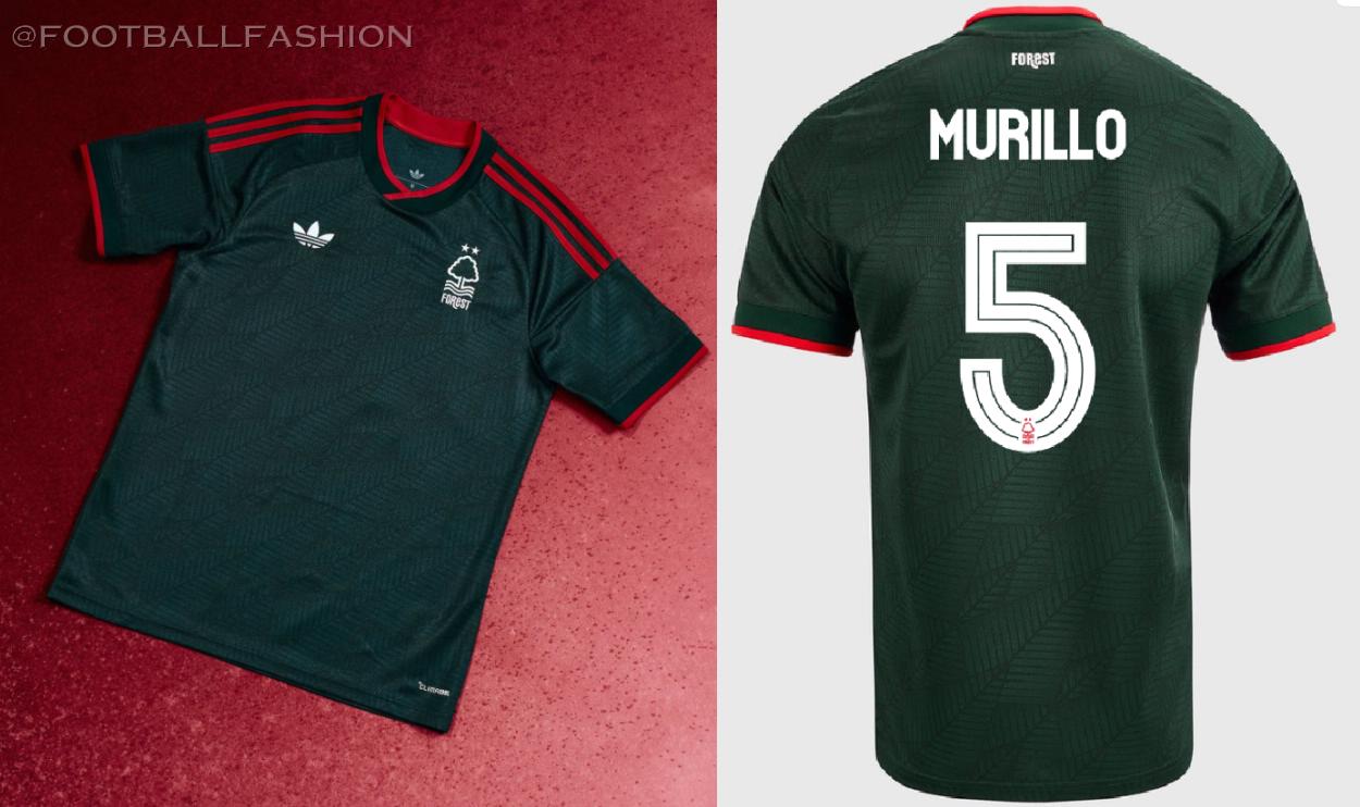 Nottingham Forest 2026/27 kit showing the adidas collegiate green away jersey and light blue third jersey.