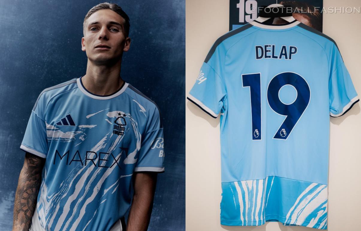 Nottingham Forest 2026/27 kit showing the adidas collegiate green away jersey and light blue third jersey.