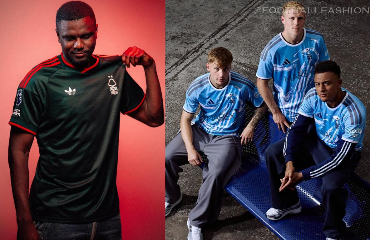 Nottingham Forest 2026/27 kit showing the adidas collegiate green away jersey and light blue third jersey.