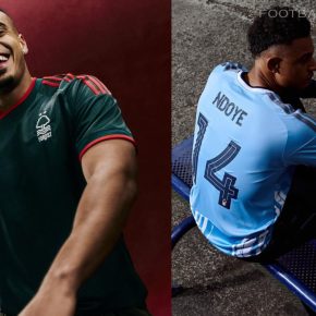 Nottingham Forest 2026/27 kit showing the adidas collegiate green away jersey and light blue third jersey.