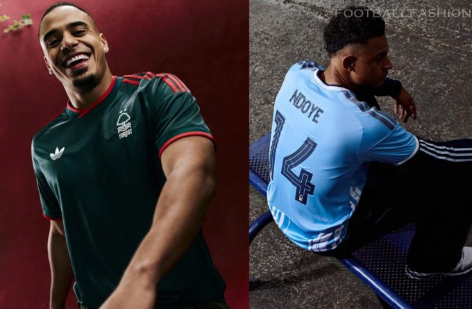 Nottingham Forest 2026/27 kit showing the adidas collegiate green away jersey and light blue third jersey.