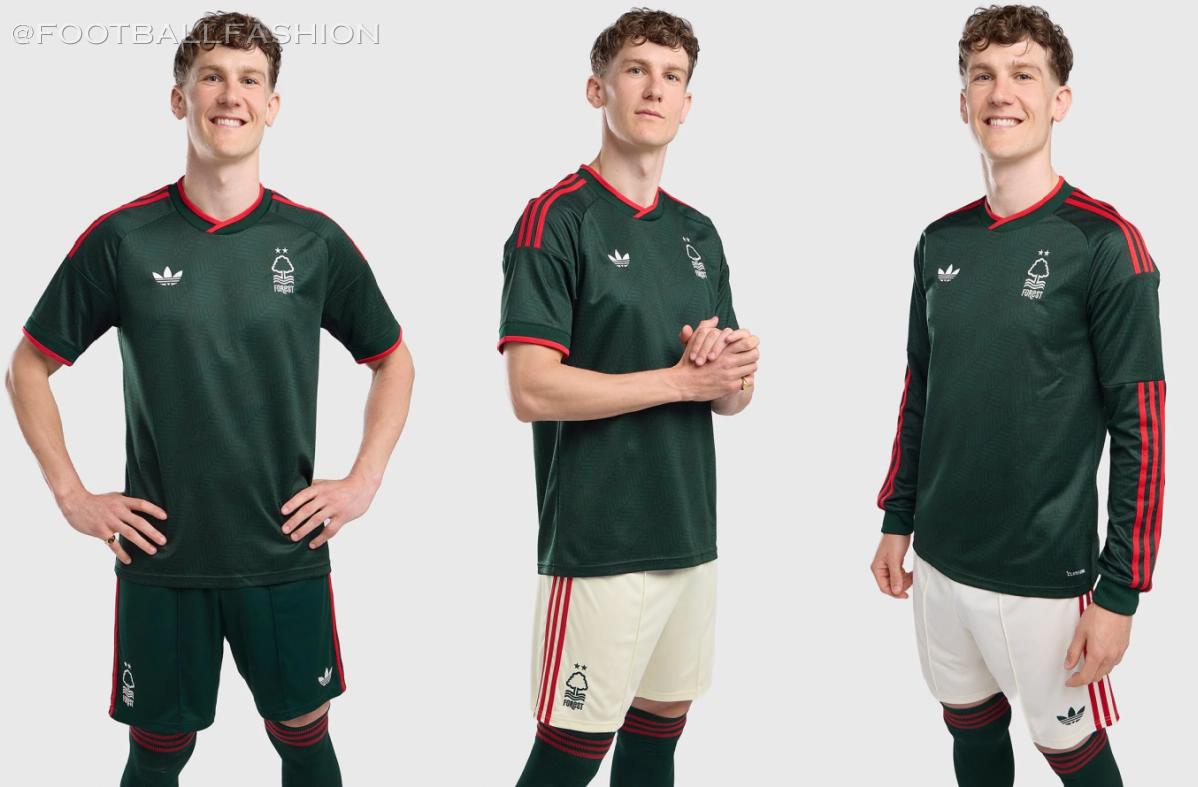 Nottingham Forest 2026/27 kit showing the adidas collegiate green away jersey and light blue third jersey.