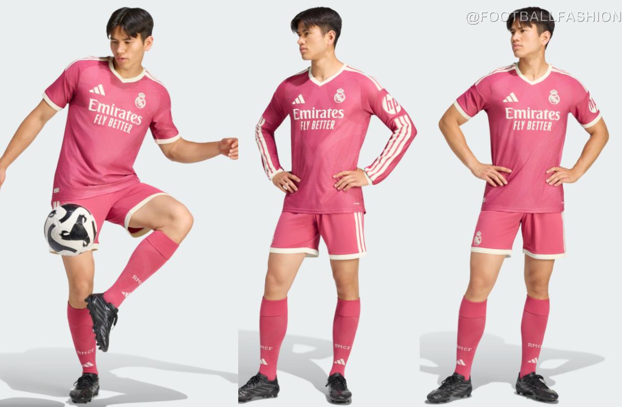 Real Madrid 2026 kit adidas vibrant pink third jersey full uniform front view