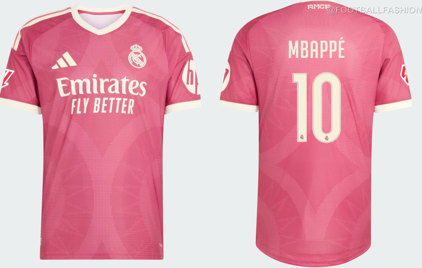 Real Madrid 2026 kit adidas vibrant pink third jersey full uniform front view