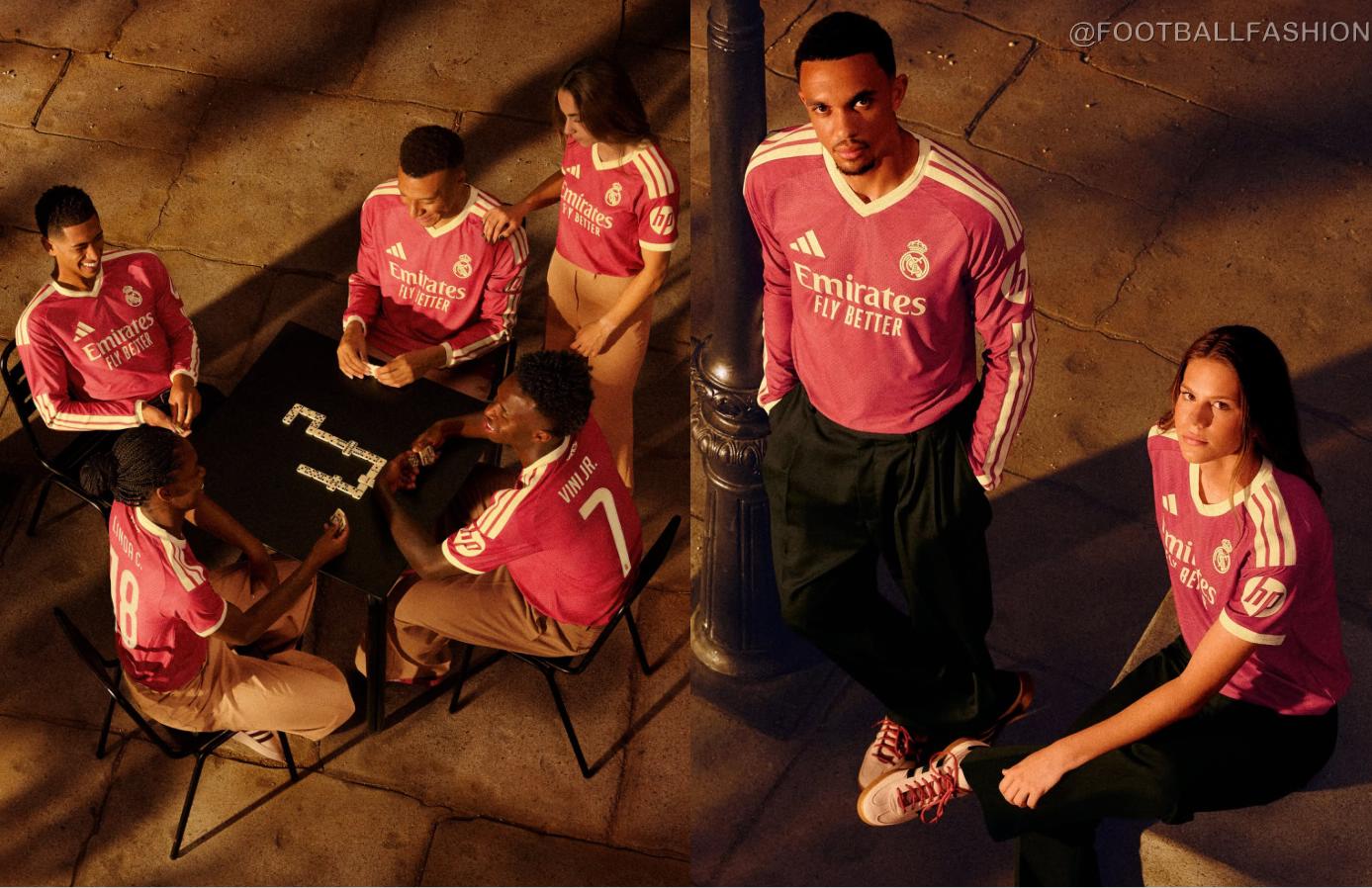 Real Madrid 2026 kit adidas vibrant pink third jersey full uniform front view