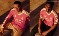 Real Madrid 2026 kit adidas vibrant pink third jersey full uniform front view