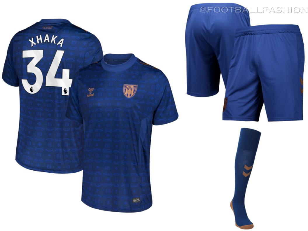 Sunderland AFC 2026/27 hummel third kit jersey with blue stained-glass pattern and copper ship crest