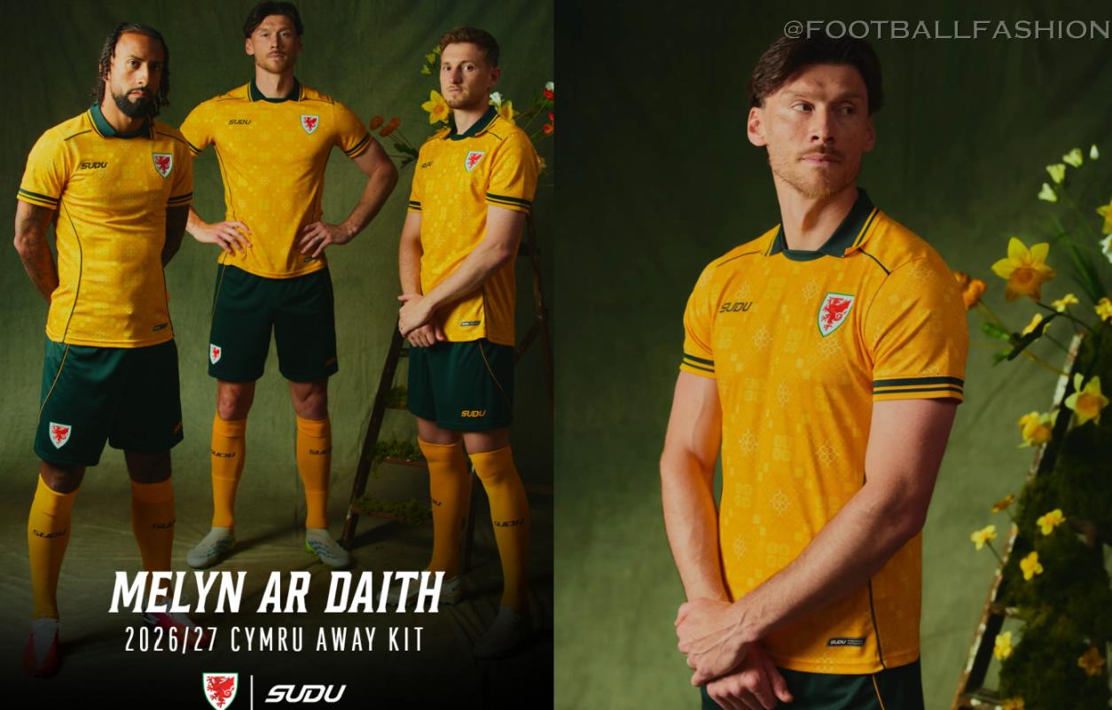 Wales 2026/27 Jersey by SUDU in day lily yellow with Welsh tapestry pattern and Scarab green details
