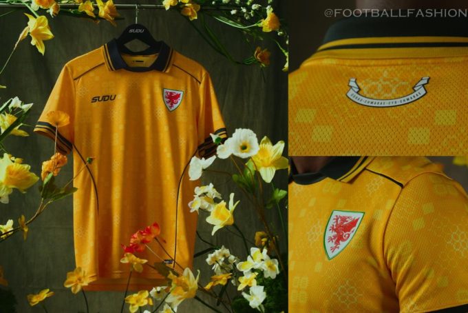 Wales 2026/27 Jersey by SUDU in day lily yellow with Welsh tapestry pattern and Scarab green details