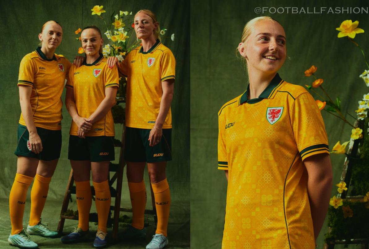 Wales 2026/27 Jersey by SUDU in day lily yellow with Welsh tapestry pattern and Scarab green details