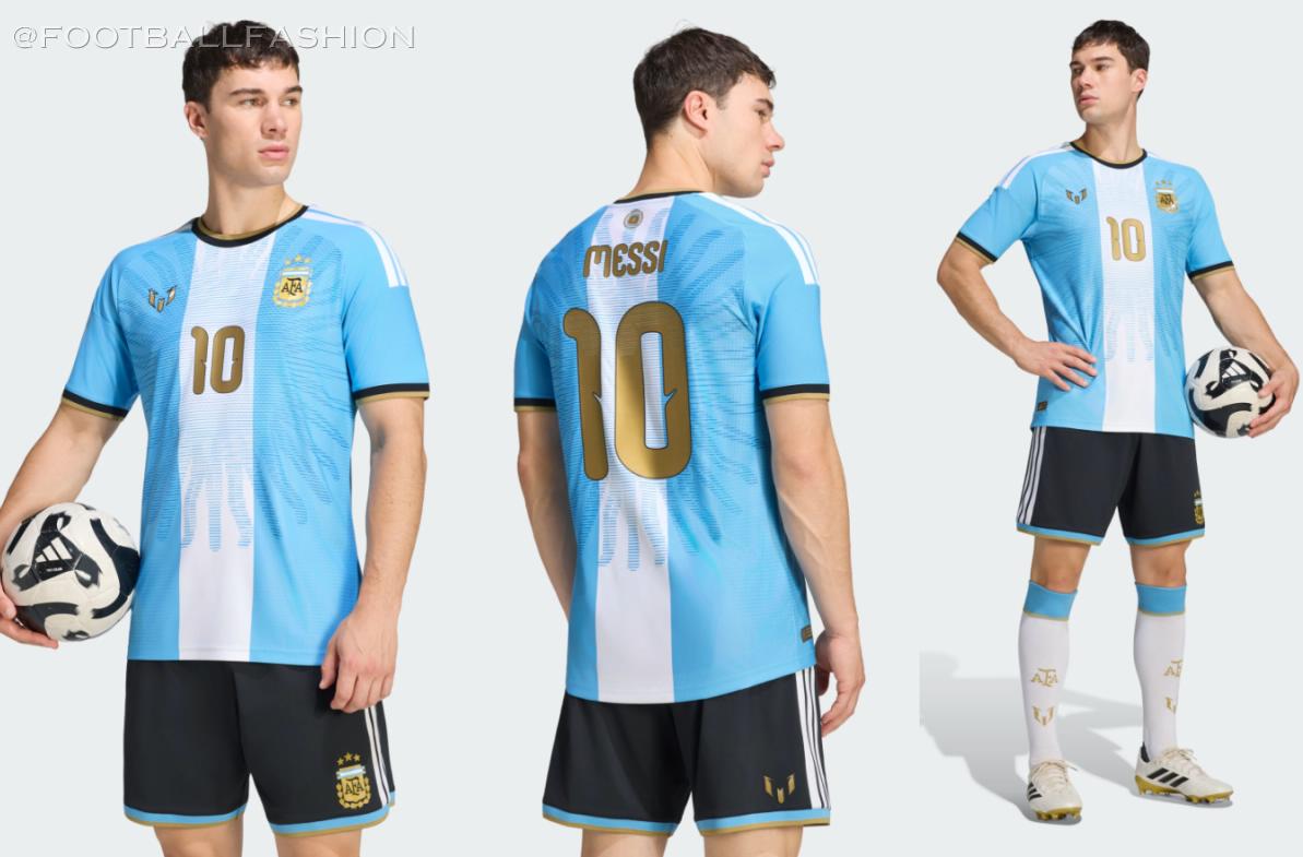 Front view of the sky-blue and white Argentina 2026 jersey featuring gold Messi logo and gold number 10.