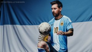 Front view of the sky-blue and white Argentina 2026 jersey featuring gold Messi logo and gold number 10.