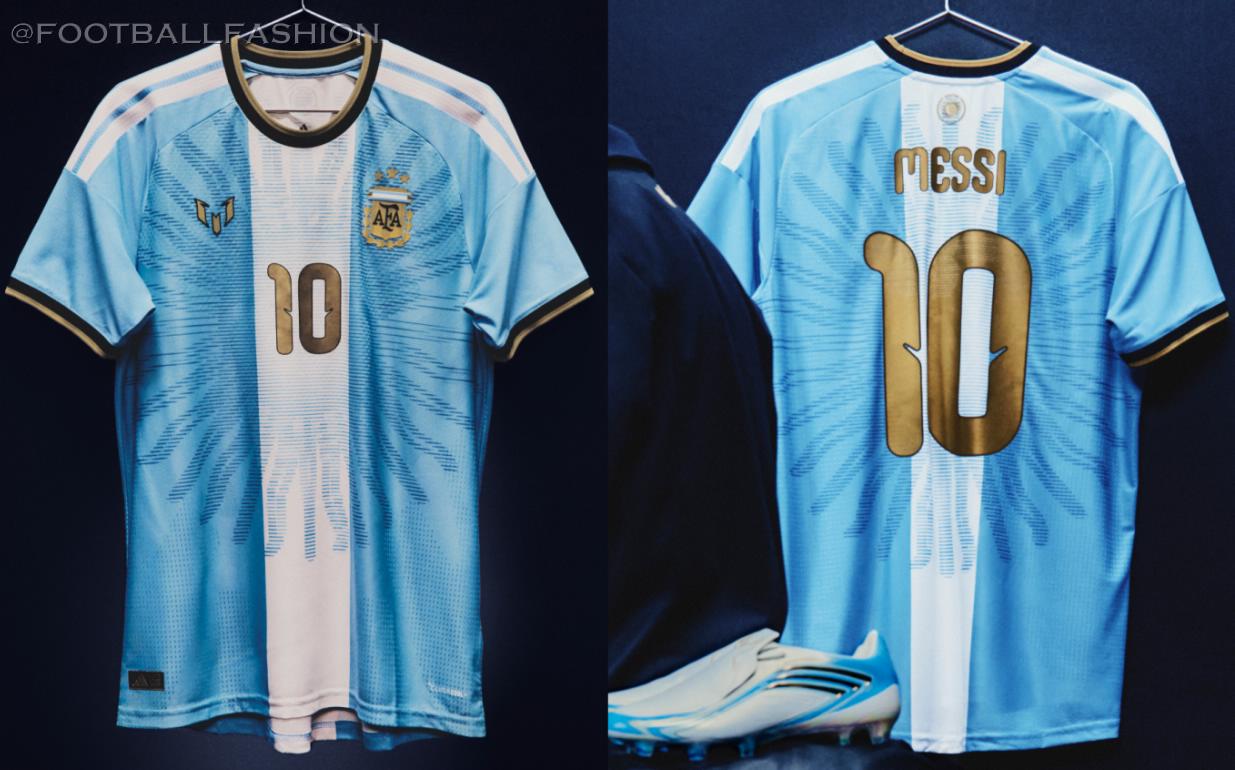 Front view of the sky-blue and white Argentina 2026 jersey featuring gold Messi logo and gold number 10.