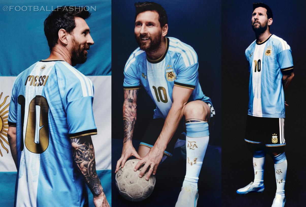 Front view of the sky-blue and white Argentina 2026 jersey featuring gold Messi logo and gold number 10.