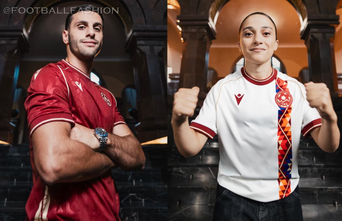 Armenia 2026/27 Macron home and away jerseys with burgundy embossed and off-white manuscript-inspired designs