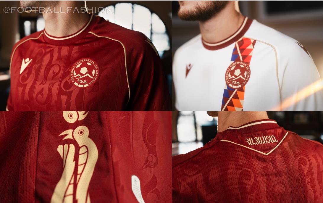 Armenia 2026/27 Macron home and away jerseys with burgundy embossed and off-white manuscript-inspired designs