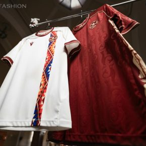 Armenia 2026/27 Macron home and away jerseys with burgundy embossed and off-white manuscript-inspired designs