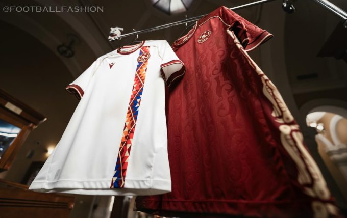Armenia 2026/27 Macron home and away jerseys with burgundy embossed and off-white manuscript-inspired designs