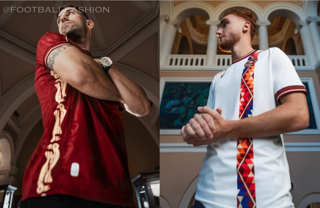 Armenia 2026/27 Macron home and away jerseys with burgundy embossed and off-white manuscript-inspired designs