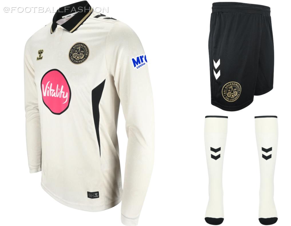 Bournemouth 2026/27 third kit featuring a cream shirt with a black fold-over collar, black hummel chevrons, and embroidered black and gold Cherry logo.