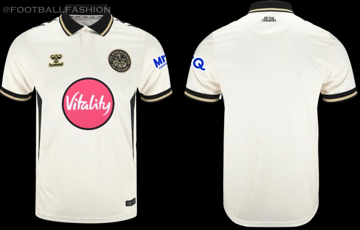 Bournemouth 2026/27 third kit featuring a cream shirt with a black fold-over collar, black hummel chevrons, and embroidered black and gold Cherry logo.