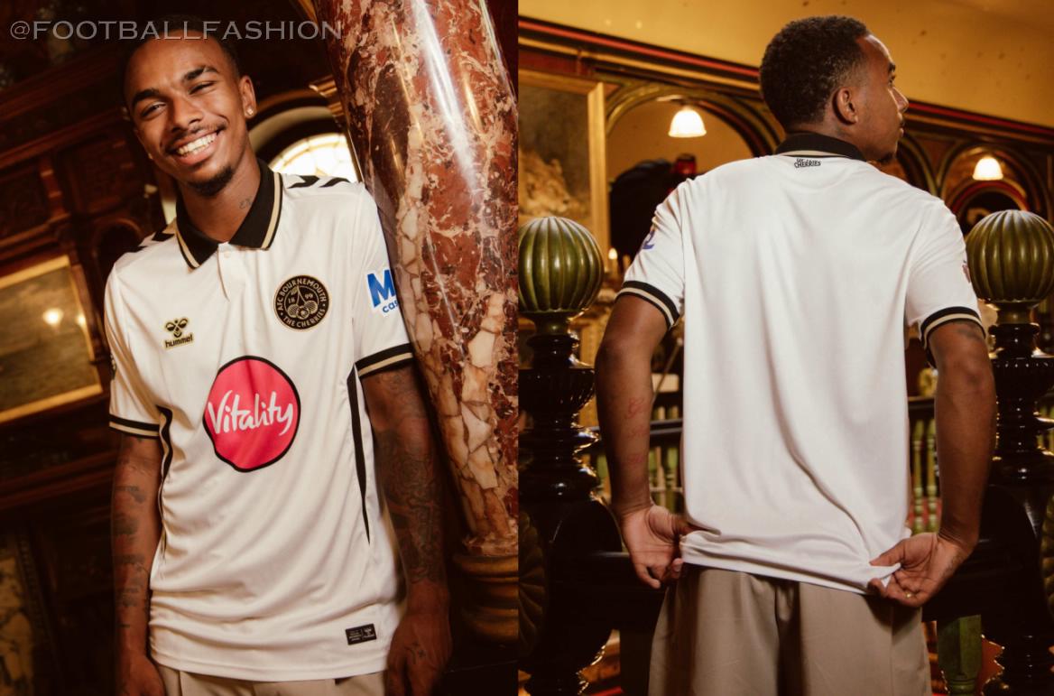 Bournemouth 2026/27 third kit featuring a cream shirt with a black fold-over collar, black hummel chevrons, and embroidered black and gold Cherry logo.