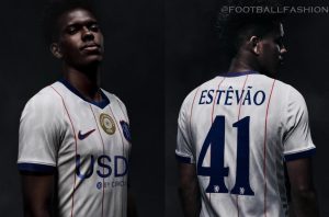 Chelsea FC player modeling the white 2026/27 Nike third jersey with red pinstripes, blue trim, and a retro club crest.