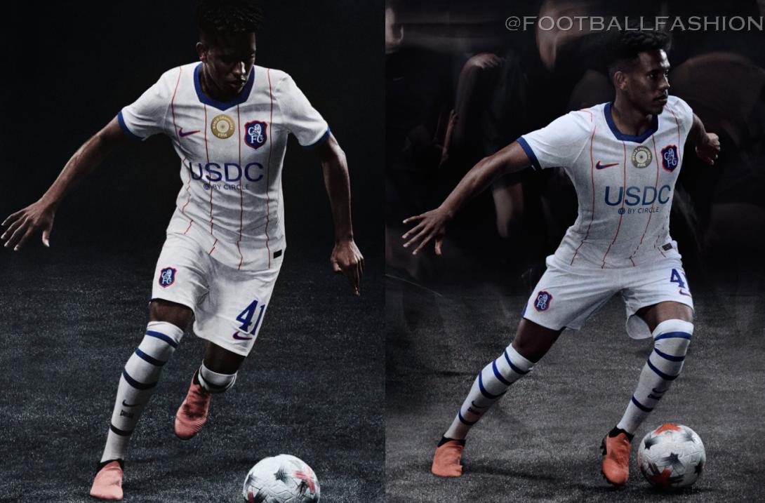 Chelsea FC player modeling the white 2026/27 Nike third jersey with red pinstripes, blue trim, and a retro club crest.