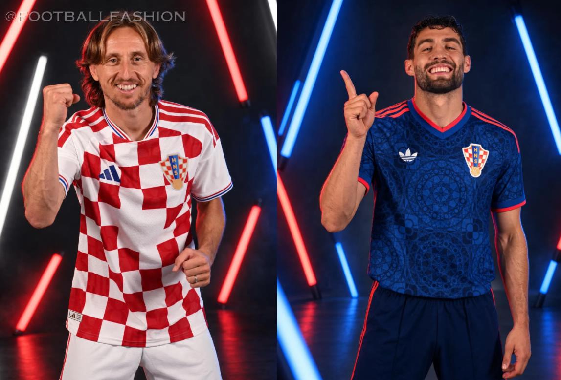 The official adidas Croatia 2026/27 jersey collection featuring the red-and-white home shirt and deep blue away kit.